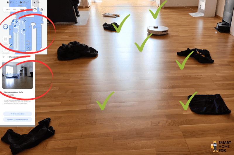 Можно увидеть результаты испытаний Dreame L20 Ultra по обнаружению таких препятствий как текстиль.